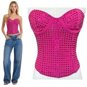 White Fox Rhinestone Corset Bustier Top Hot Pink S